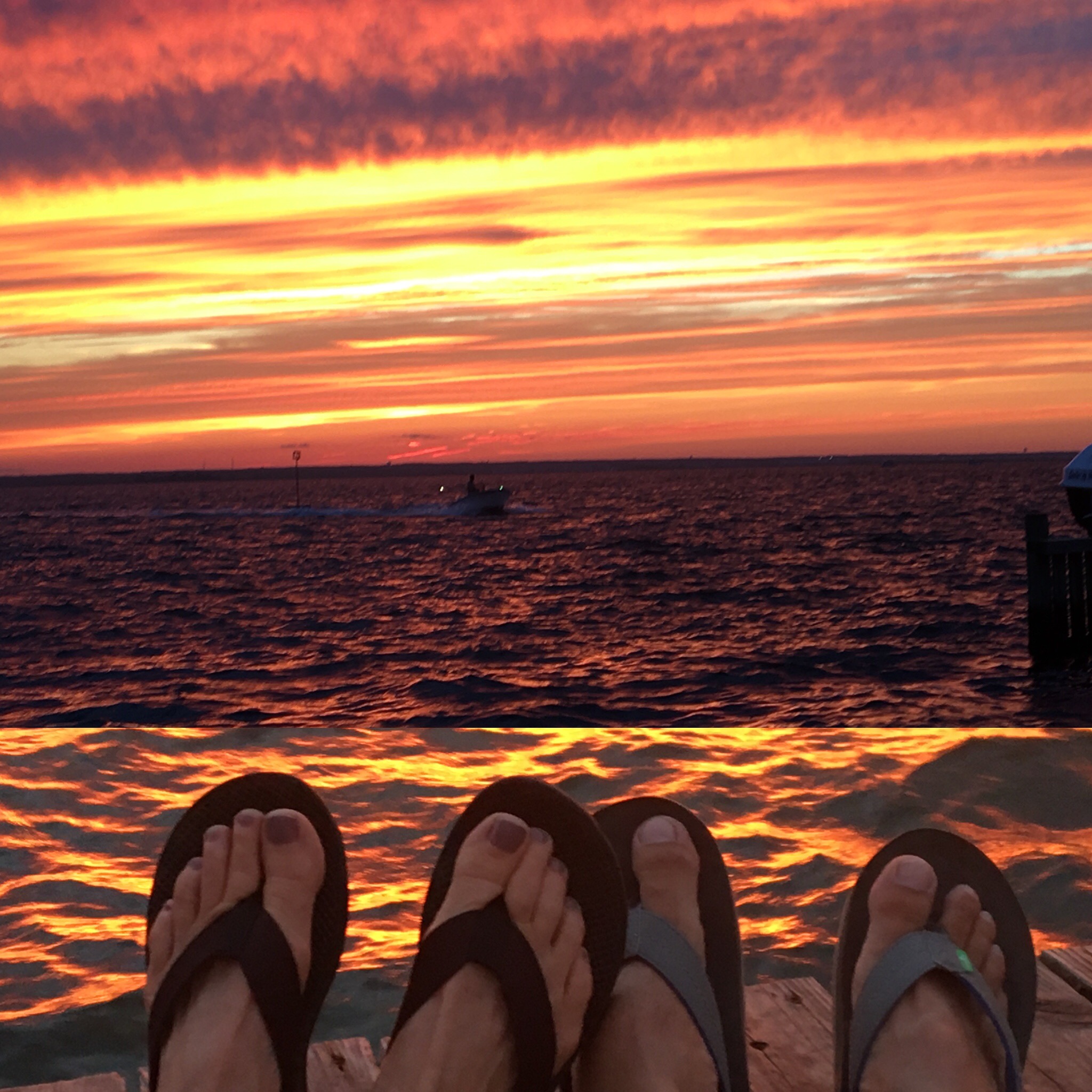 Sunset over the water with feet in flip flops on a dock, evening rhythm on vacation